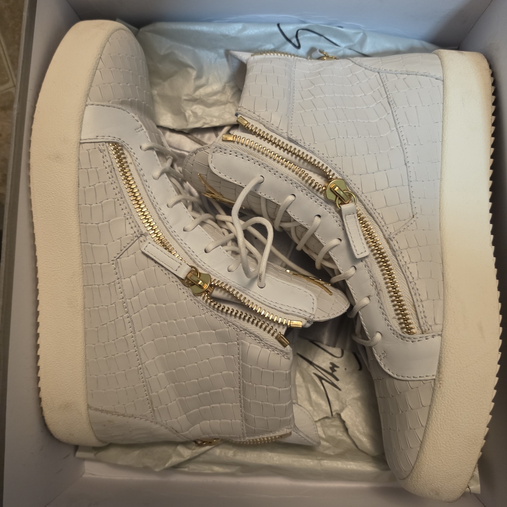 Giuseppe Zanotti White Croc-Embossed High-Top Sneakers with Gold Zippers